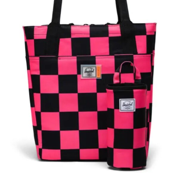 HERSCHEL Alexander Insulated Zip Tote and Bottle Holder/Large Check Neon Pink/Bl - Picture 3 of 14
